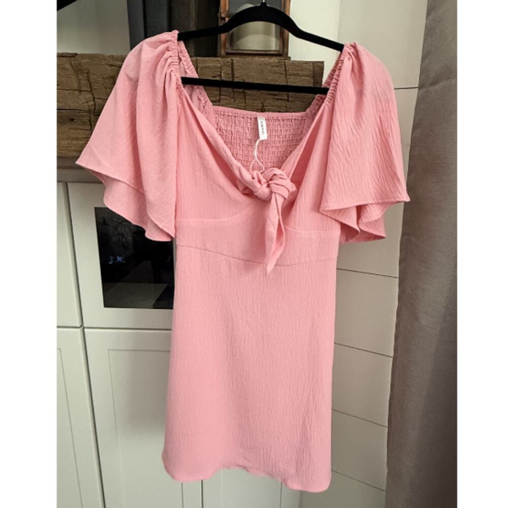 Dokotoo Pink Flutter Sleeve Smocked Tie Front Mini Dress Size Small Cottage Core
